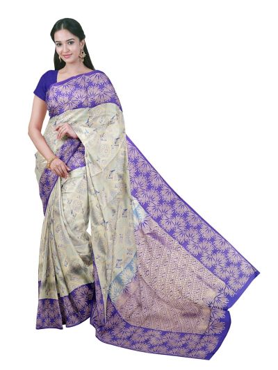 Gracecharm Silk Jacquard Woven with a silver or dull gold zari jacquard floral jaal pattern Zari borde Saree