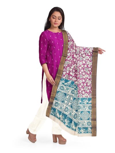 Graceful Essence Geometric Butta with Magenta Raw Silk Floral  Dupatta Dress Material