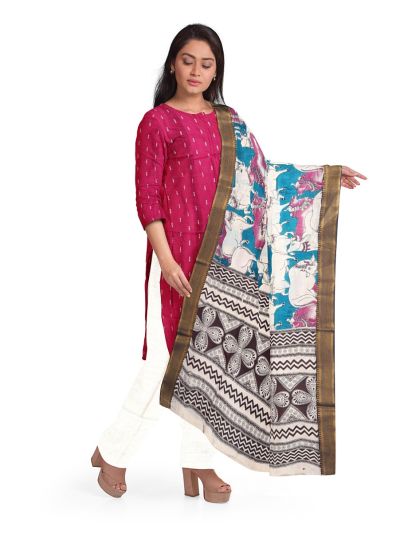 Graceful Essence Geometric Butta with Raw Silk Magenta Floral Dupatta Dress Material