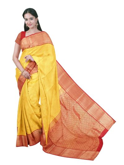 Gracecharm Gold Zari Brocade Woven Into Geometric And Floral Pallu Saree