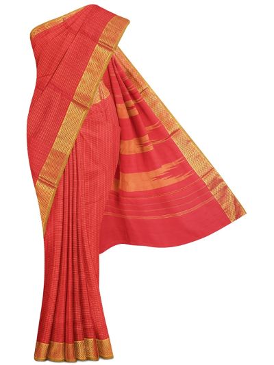 Traditional Arani Pure Silk Nine Yards Plain coral red  with Gold Zari weave Border Saree