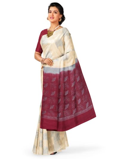 Kanmanie Softy Silk Cream Fern-Shaped Motif Saree