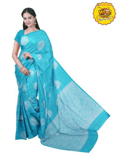 Gracecharm Art Soft Silk Cyan Blue Floral Butta with Diagonal Geometric Pallu wow Saree