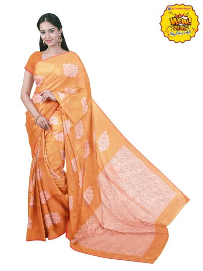 Gracecharm Art Soft Silk Light Orange Floral Butta with Diagonal Geometric Pallu wow Saree