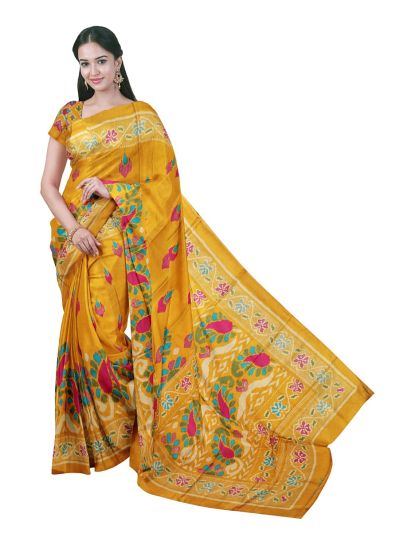 Gracecharm Golden Yellow Fancy Ikat Print Silk Floral Paisley Motifs Pallu Saree