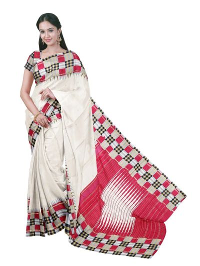 Gracecharm Off White Fancy Ikat Print Butta Madras check Border Saree