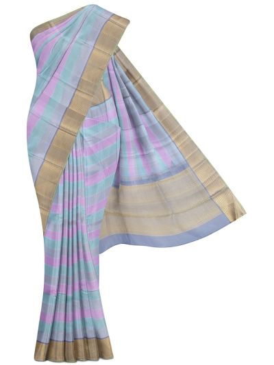 Vivaha Kanchipuram Pure Silk Pastel Stripe with Diagonal Zari Pallu Saree