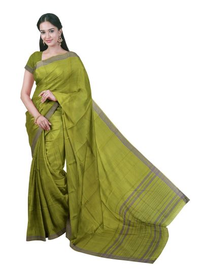 Gracecharm Elegant Chirala Cotton Olive Green Plain Design with Border Saree