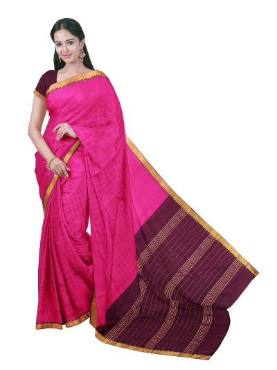 Gracecharm Elegant Chirala Cotton Magenta  Checked Design with Border Saree