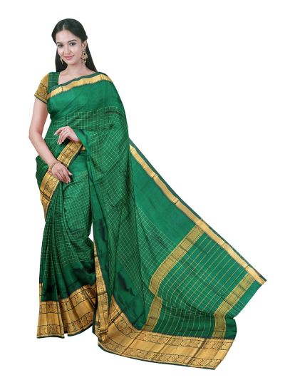 Gracecharm Elegant Chirala Cotton Dark green Checked Design with Border Saree