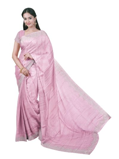 BlossomEase George Elegant Classic Blush Pink Stone Work with Fancy Border Saree