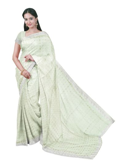 BlossomEase Pastel Green George Elegant Stone Work with Fancy Border Saree