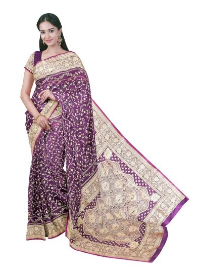 BlossomEase Semi Banarasi Purple floral motifs with antique zari Border Saree