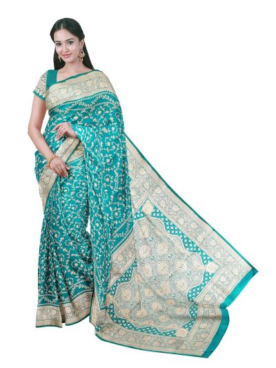 BlossomEase Semi Banarasi Turquoise floral motifs with antique zari Border Saree