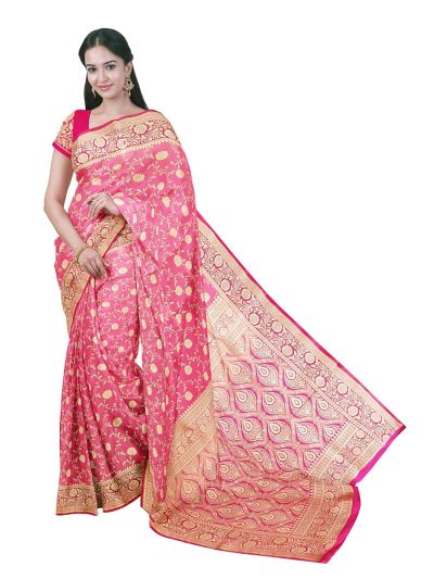 BlossomEase Semi Banarasi Gajari Pink floral motifs with antique zari Border Saree