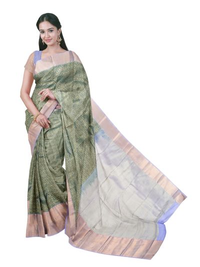 Gracecharm Gift Art Silk Floral Butta Checks Sage Green with Zari Pallu Border Saree