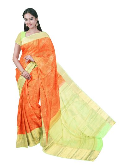 Gracecharm Gift Art Silk Sunset orange checked Zari Design Contrast Border Saree