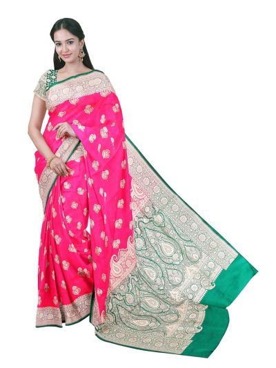 BlossomEase Semi Banarasi Paisley Butta with Green Jaal Pallu Saree