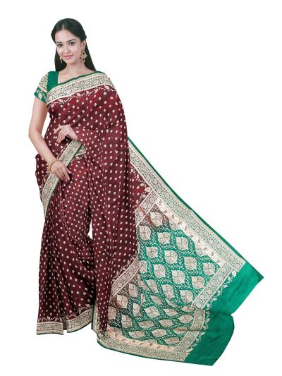 BlossomEase Semi Banarasi Leaf Butta with Green Paisley Pallu Saree