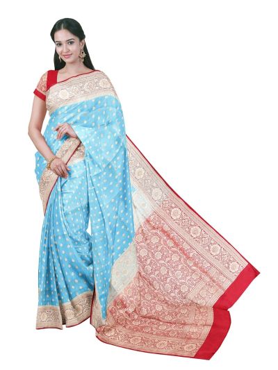 BlossomEase Semi Banarasi Leaf Butta with Red Floral Pallu Saree