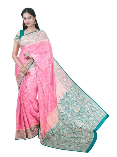 BlossomEase Semi Banarasi Floral Butta with Teal Floral Pallu Saree