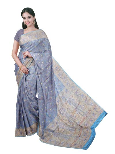 BlossomEase Cornflower Blue Semi Banarasi floral jaal layout With Paisley Design Border Saree