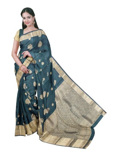 Gracecharm Pure Soft Silk Tree Butta And Round Butta Gold Jari Saree