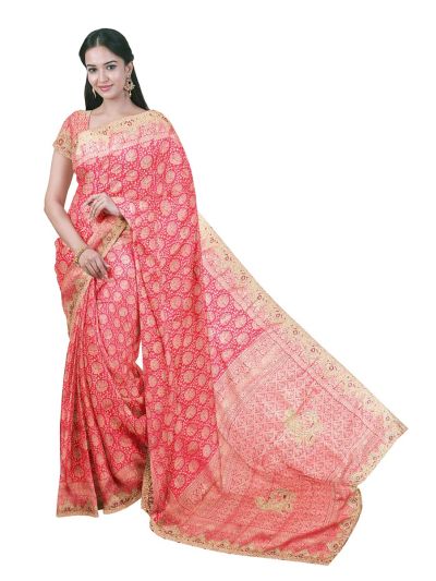 Gracecharm Fancy Silk Designer scalloped cut work gold Zari Jaal Saree