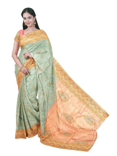 Gracecharm Aqua Green Silk scalloped Designer cut work With gold Zari Jaal Saree