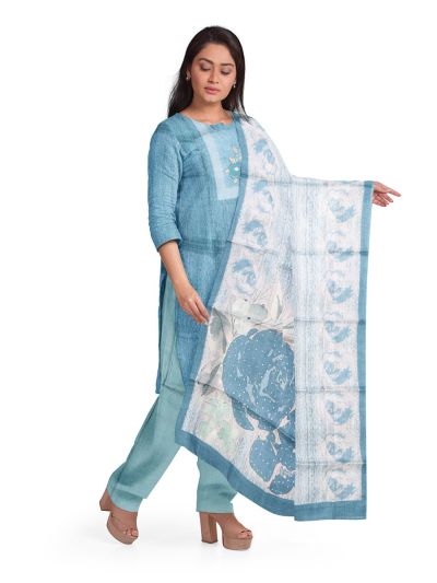 Graceful Essence Timeless Classic Teal Blue Semi Tussar Silk Dress Material