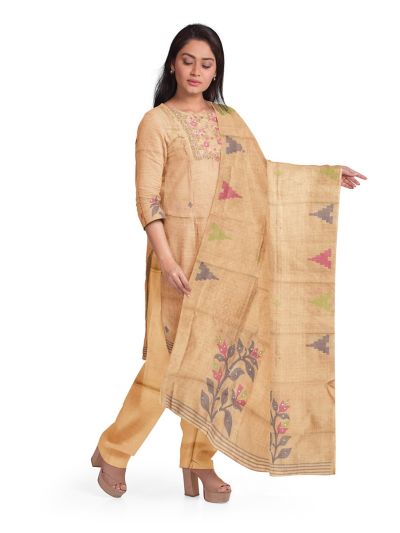 Graceful Essence Timeless Classic Camel Brown Semi Tussar Silk Dress Material