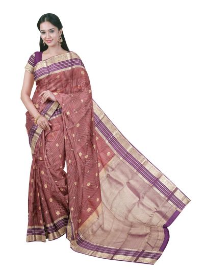 Gracecharm Pure Soft Silk Floral Paisley Butta Grid Weave Gold Jari Saree