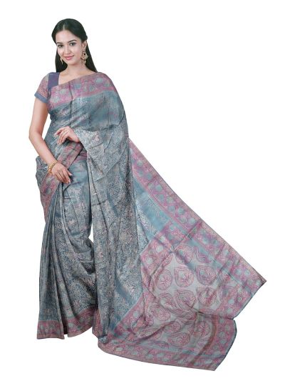BlossomEase Semi Banarasi Floral Butta with Powder Blue Jaal Pallu Saree