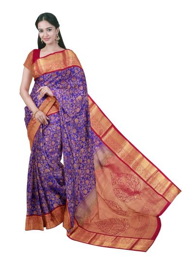 Gracecharm Gift Art Silk Royal Blue Floral Jacquard Pallu Saree