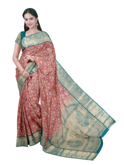 Gracecharm Gift Art Silk Coral Red Floral Jacquard Pallu Saree