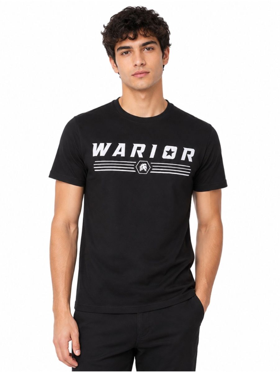 Warior Men's Typographic Logo and Stripe Graphic Print Crew Neck T-Shirt