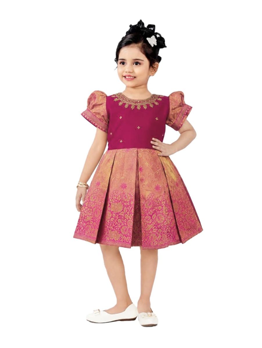 Traditional Art Silk Rani Pink Floral Jacquard Embroidered Frock
