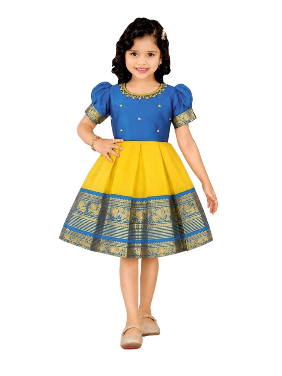 Traditional Art Silk Turmeric Yellow Elephant Floral Zari Border Frock