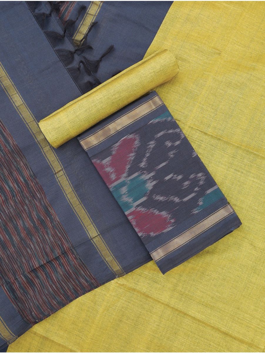 Graceful Essence Silk Cotton Ikat Butterfly Border Dress Material
