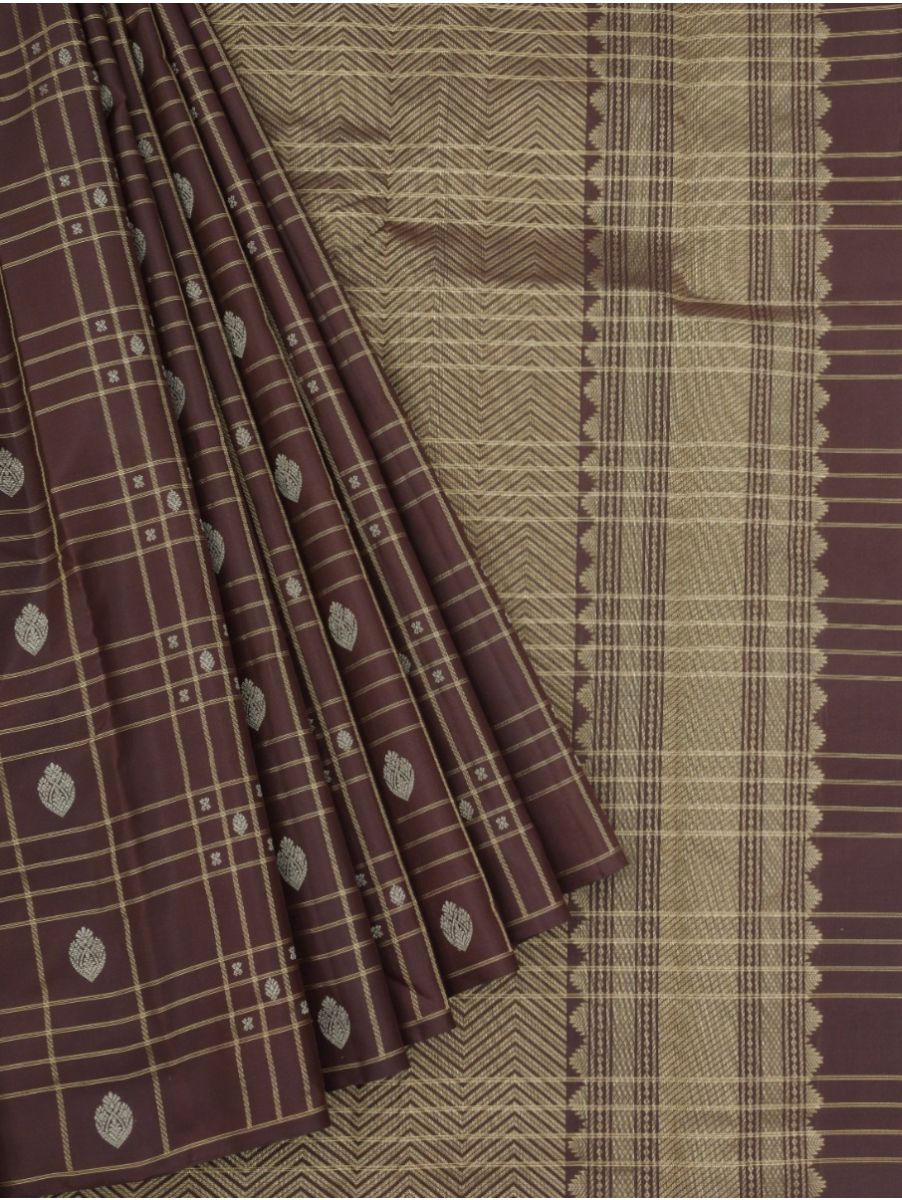 Gracecharm Pure Soft Silk Zari Check Leaf Butta with Chevron Brocade Pallu Saree