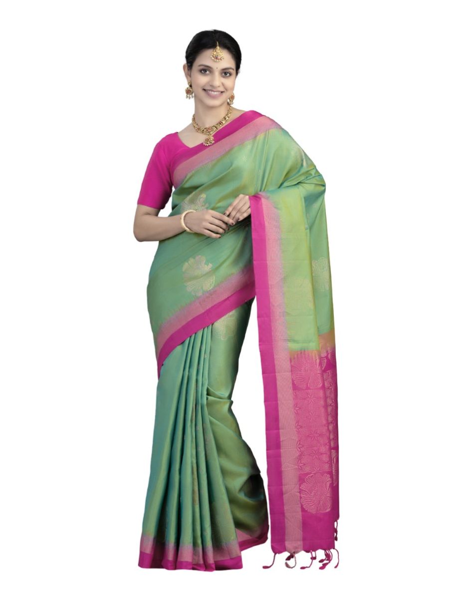 Kanmanie Elegant Butta Design 4 Inch Contrast Border Soft Silk Saree
