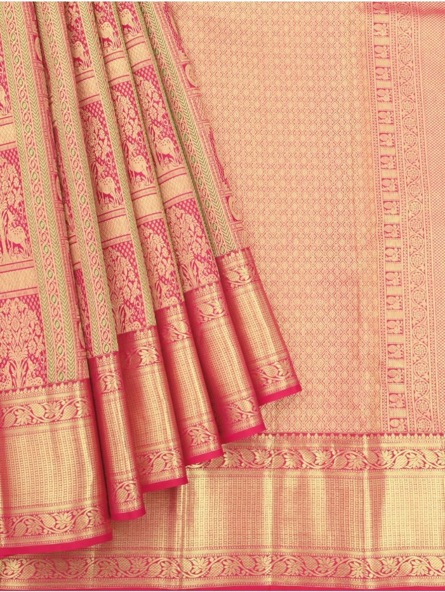 Gracecharm Pure Silk Deer and Lotus Panel Jaal with Zari Border Saree