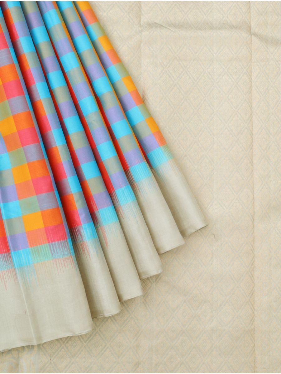 Gracecharm Pure Soft Silk Multicolor Check with Diamond Brocade Pallu Saree