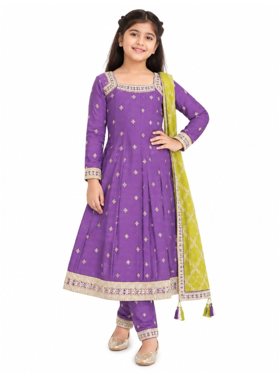 Graceful Essence Girls Floral Butta Flared Kurta Pant Dupatta 3 Piece Suit Set