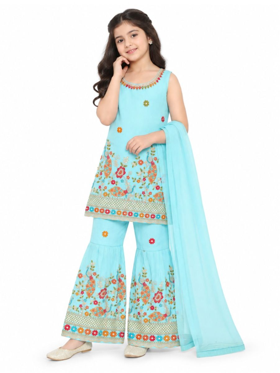 Graceful Essence Girls Peacock Floral Embroidered Kurta Sharara Dupatta Set
