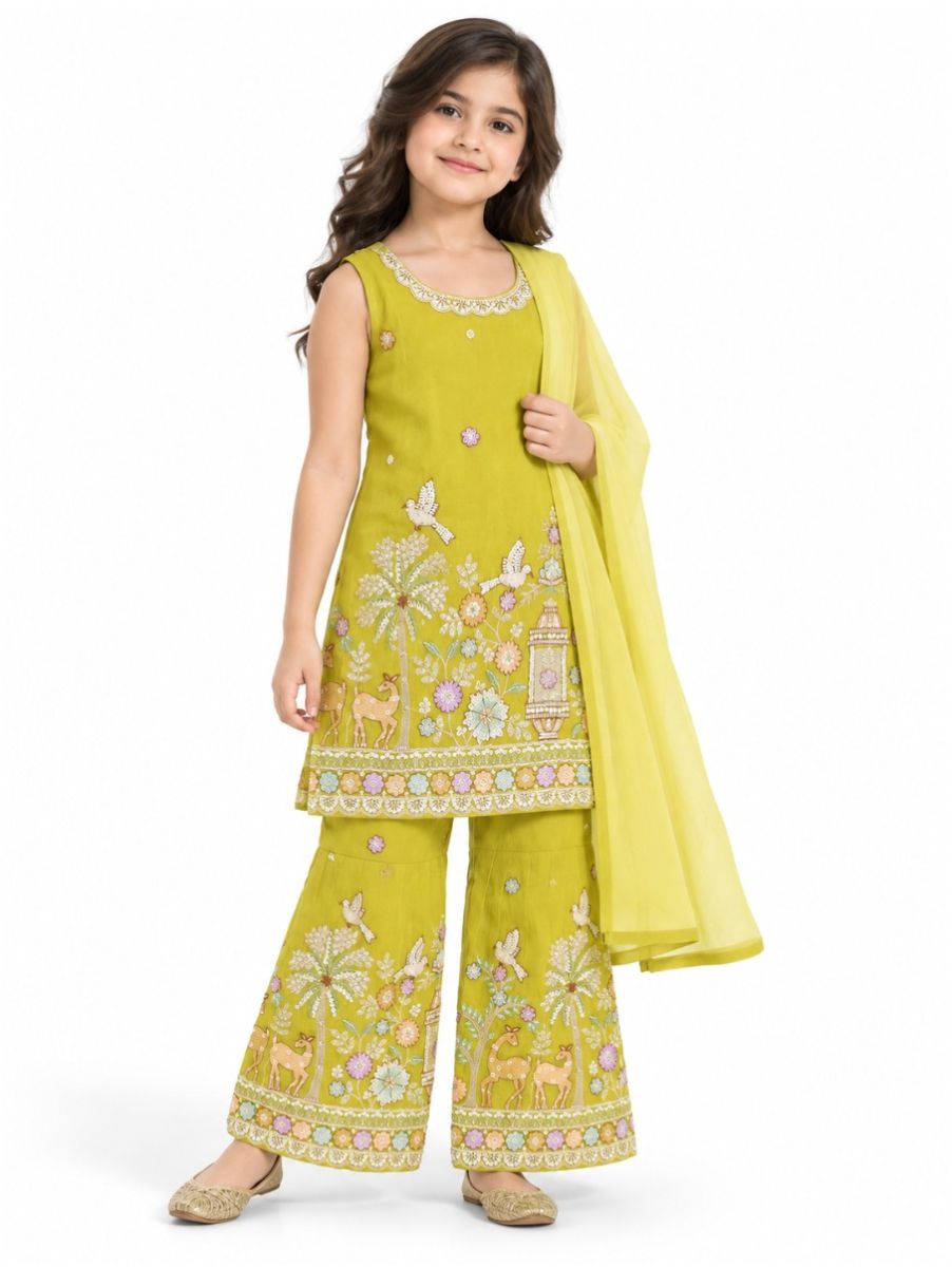 Graceful Essence Girls Deer Bird Floral Embroidered Kurta Sharara Dupatta Set