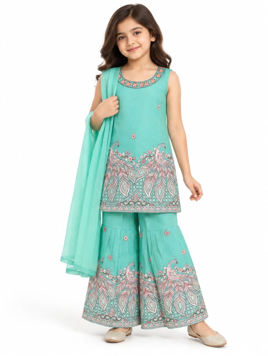Graceful Essence Girls Peacock Floral Embroidered Kurta Gharara Dupatta Set