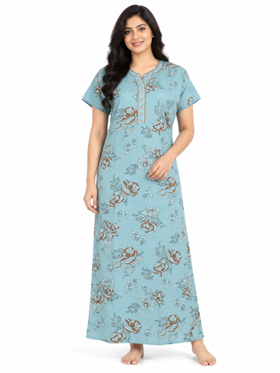 EasyCharm Rayon Floral Printed Decorative V-Neck Nighty