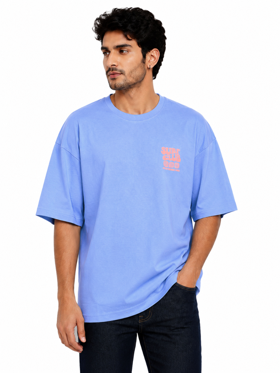 Warior Men's Surf Club Typography Graphic Crew Neck Oversized T-Shirt