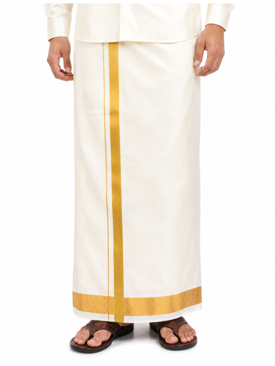 Men’s Traditional Art Silk Off White Golden Kasavu Border Dhoti